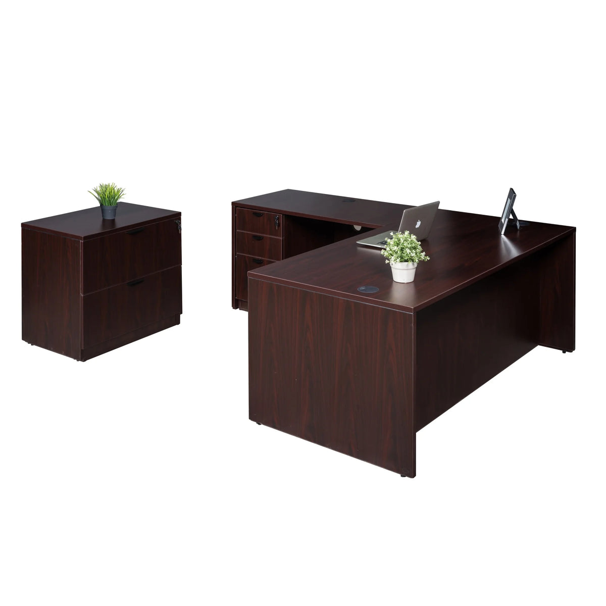 71 Inch Mahogany L-Shape Corner Desk with Storage Pedestal and Lateral File L373