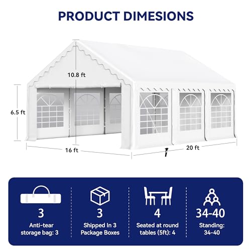 20'x16' Heavy Duty Canopy with Removable Sidewalls & 3 Storage Bags, White T354
