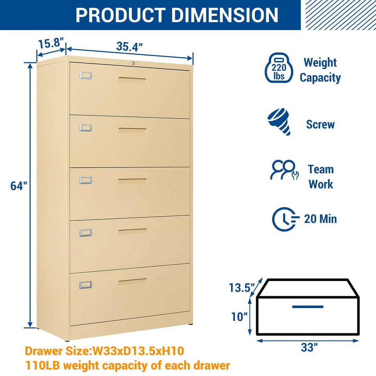 5 Drawer Metal Lateral File Cabinet with Lock N778860