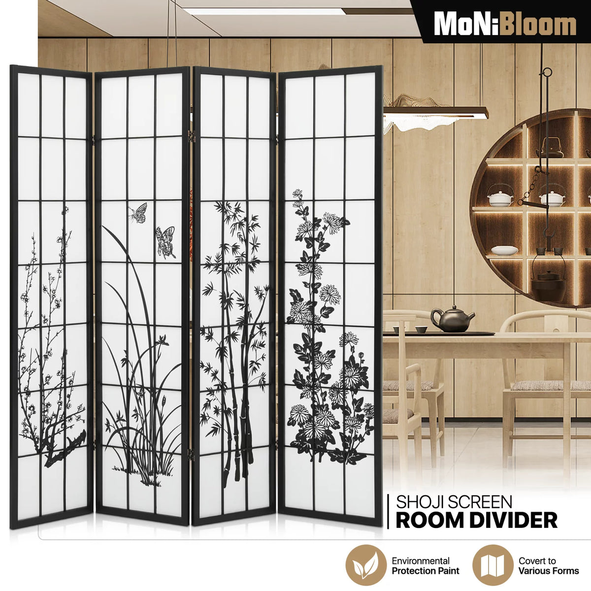 4 Panel Wood Folding Room Divider K7814