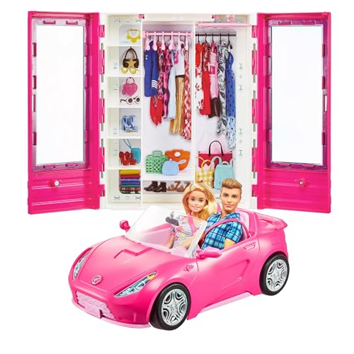 Barbie and Ken Doll with Wardrobe and Pink Two-Seater Convertible Car B882380
