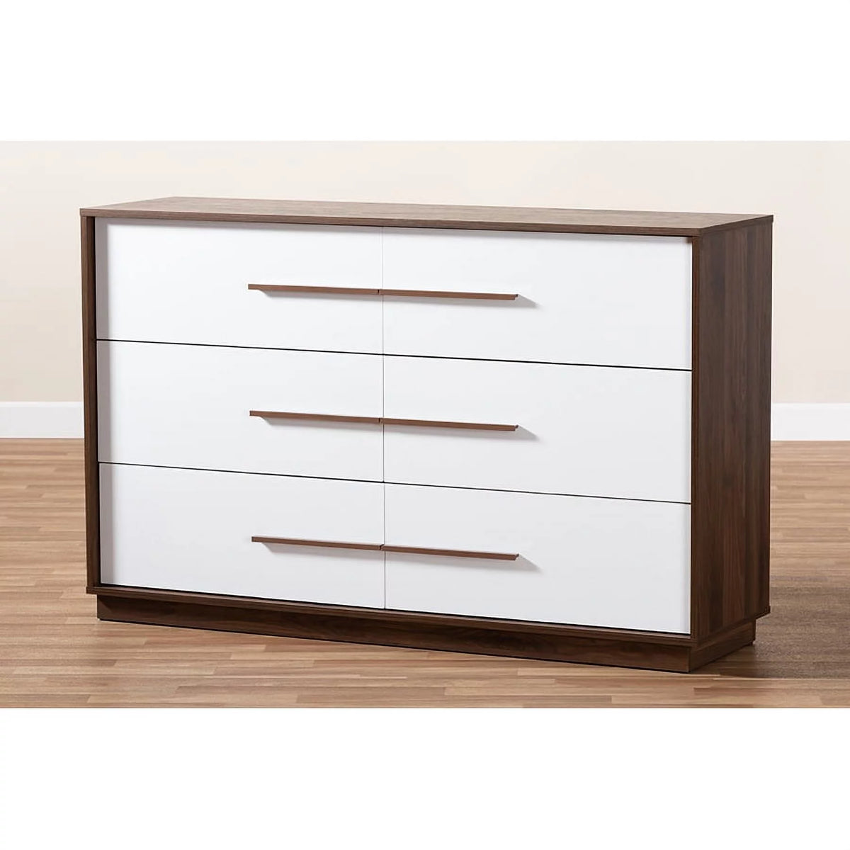 White and Walnut 6-Drawer Wood Dresser D288