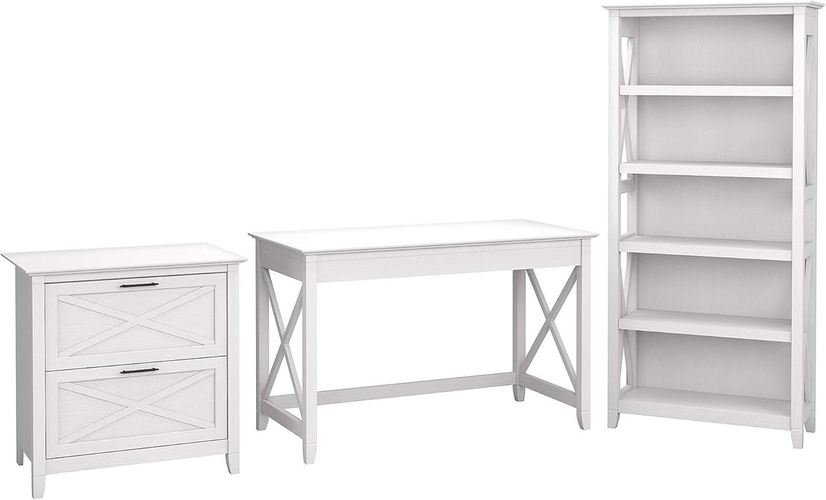 54W Computer Desk with 2 Drawer Lateral File Cabinet and 5 Shelf Bookcase, Pure White Oak F68079