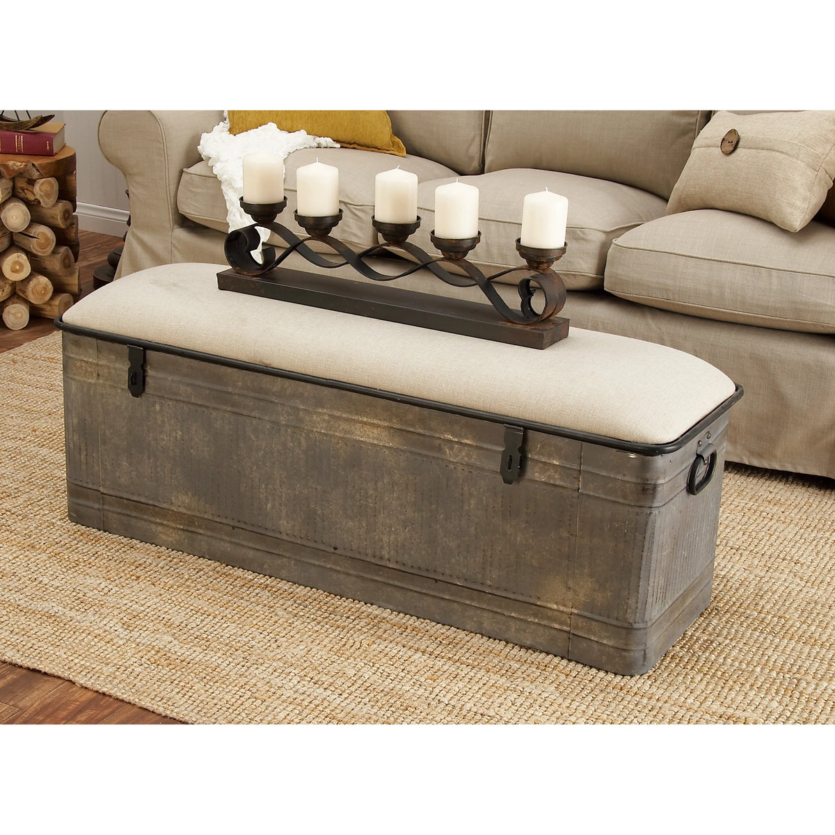 Gray Metal Storage Bench with Cream Burlap Top A4680