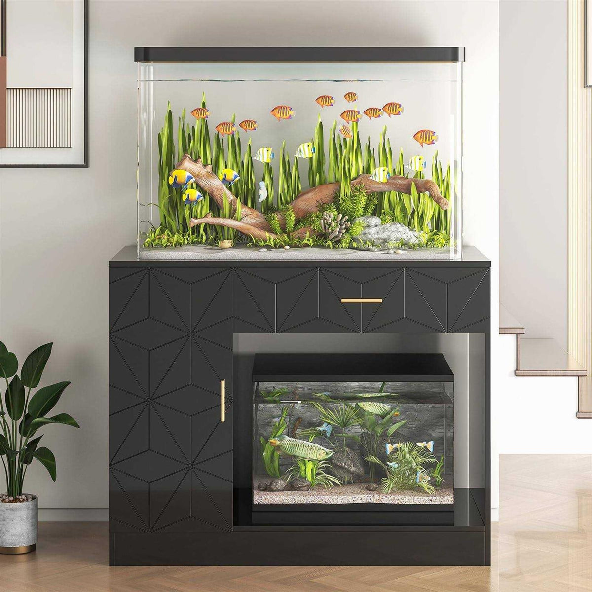 Black Aquarium Stand with Drawer and Cabinet I89109