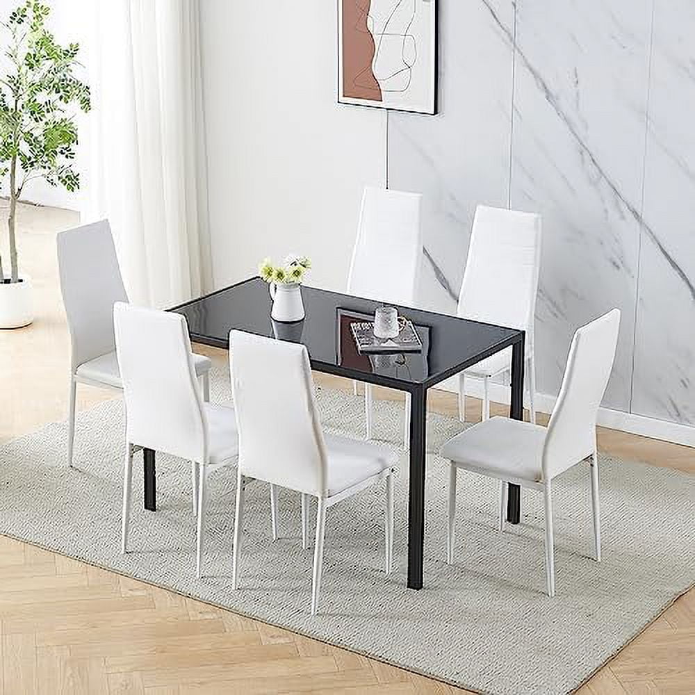 Grey Tempered Glass Dining Table Set with 2 White Faux Leather Chairs M429624