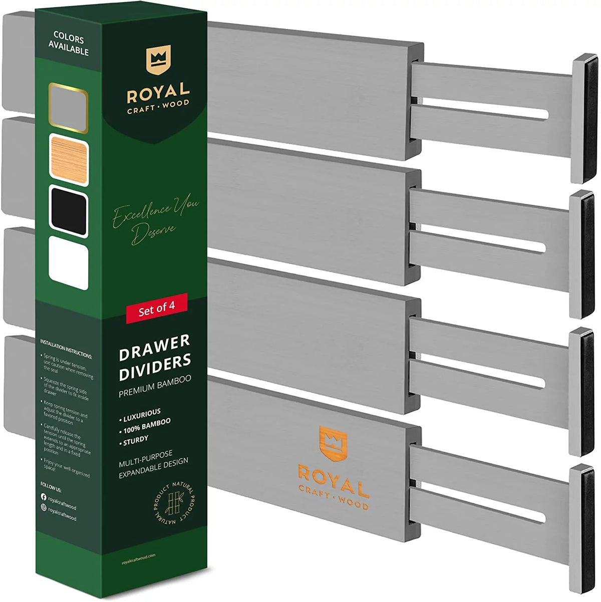 Adjustable Bamboo Drawer Dividers 17-22in 4-Pack Gray A42972
