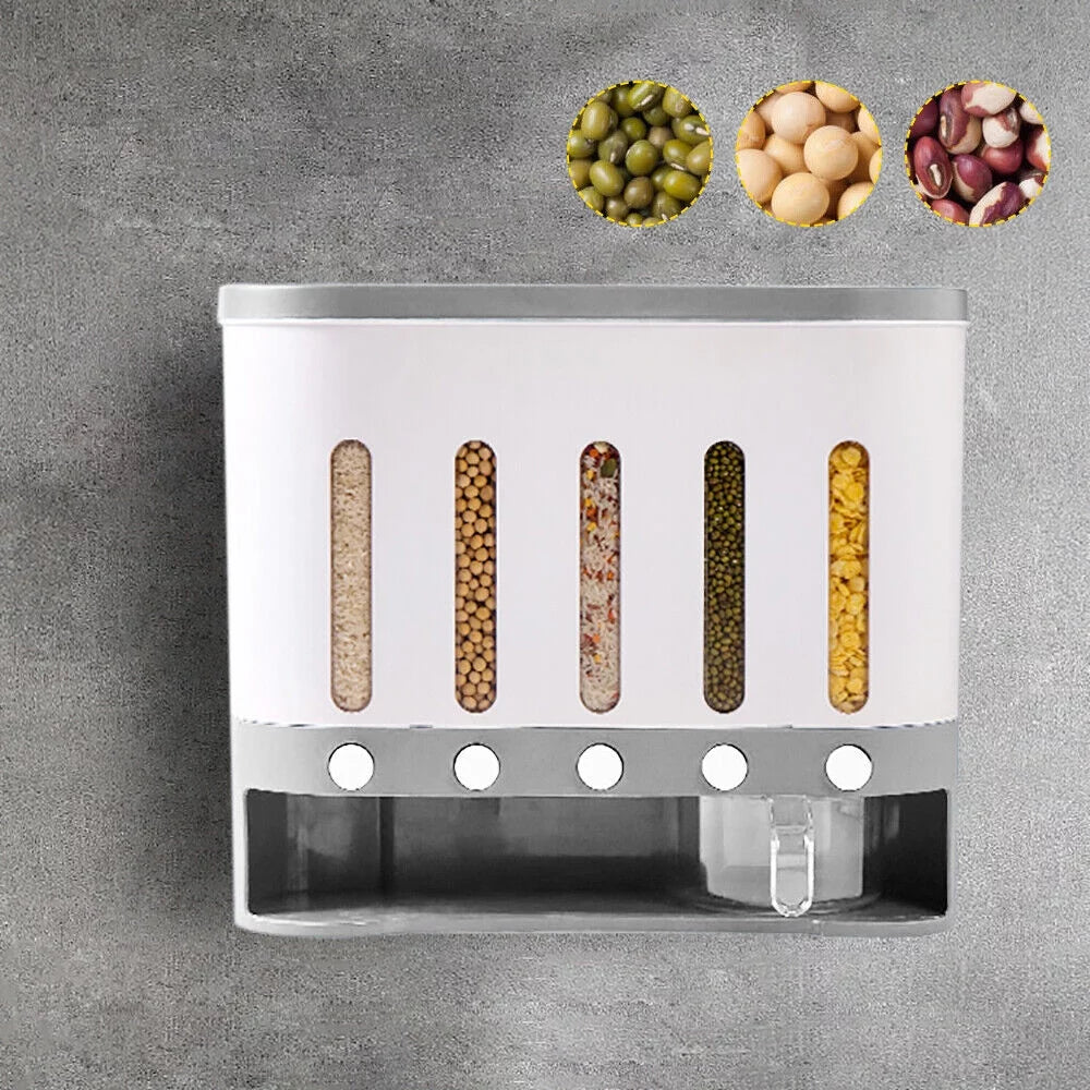 Wall Mounted 5 Grid Dry Food Dispenser with Measuring Cup T3253
