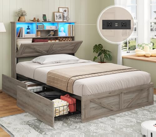 Full Size Bed Frame with 4 Storage Drawers and Rattan Headboard Q363