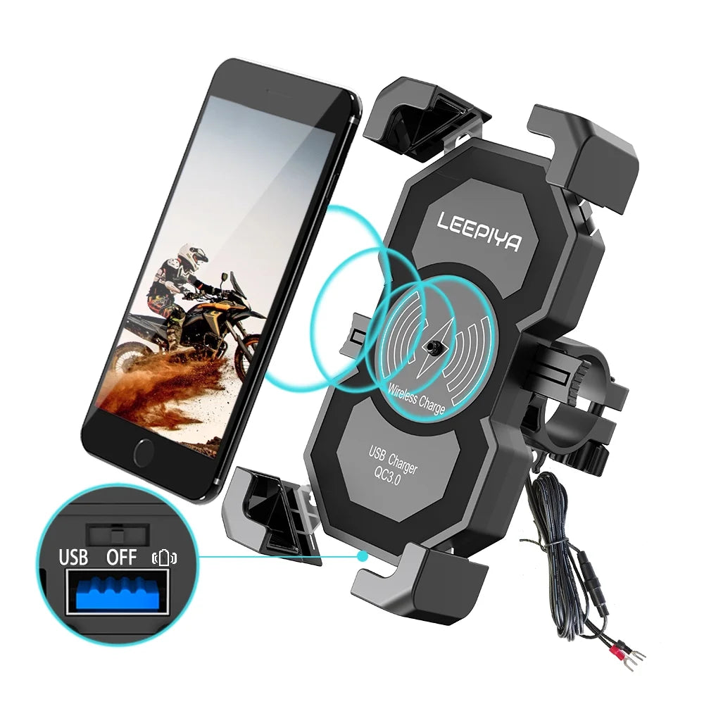 Motorcycle Phone Mount with Wireless and USB Charger 15W Qi Fast Charging Cell Phone Holder O6513