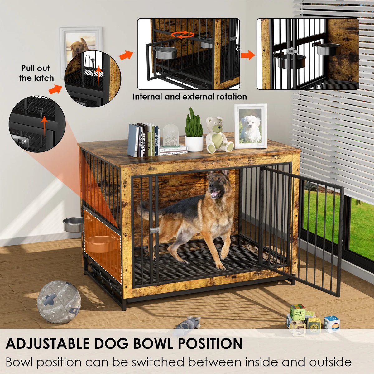Wooden Dog Crate with 2 Stainless Steel Bowls A6892