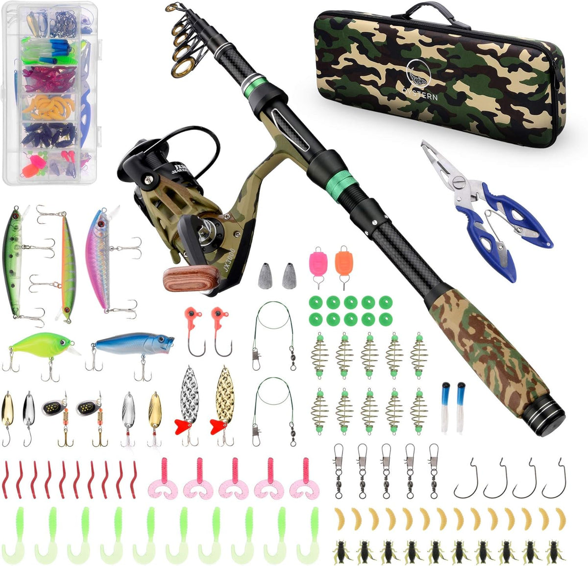 Telescopic Fishing Rod and Reel Combo with 103-Pc. Tackle Box Lure Set, Ultralight Fish Pole, Camouflage Travel Bag T6170