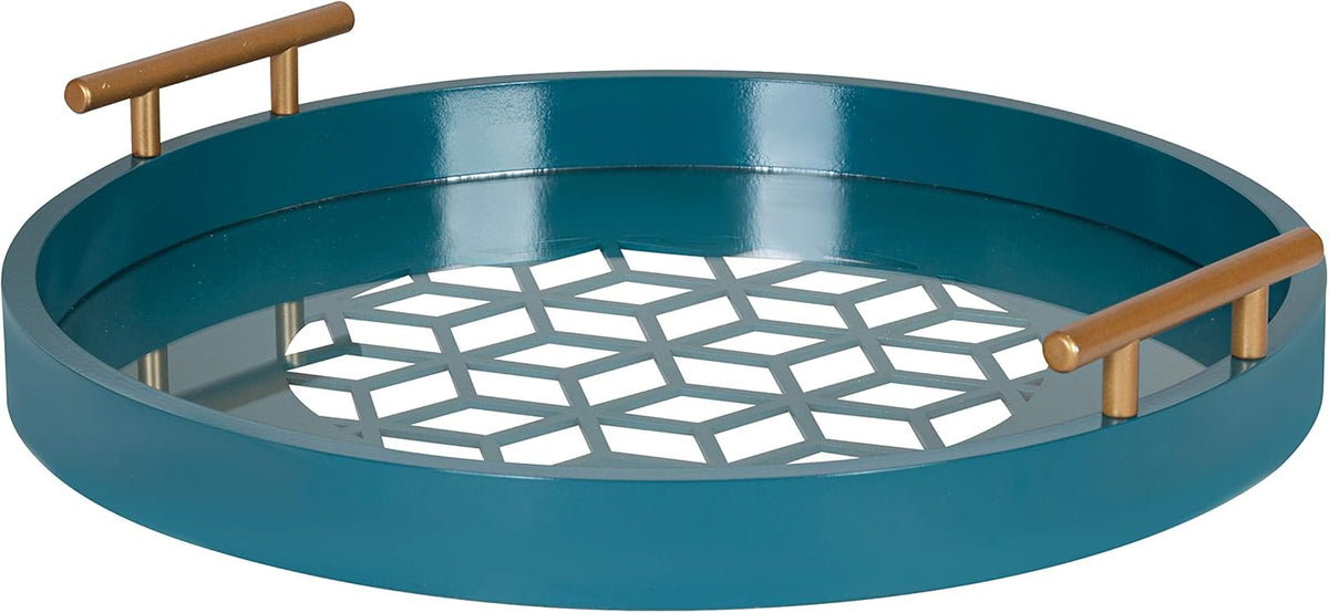 Navy and Gold Round Decorative Tray with Metal Handles L467026