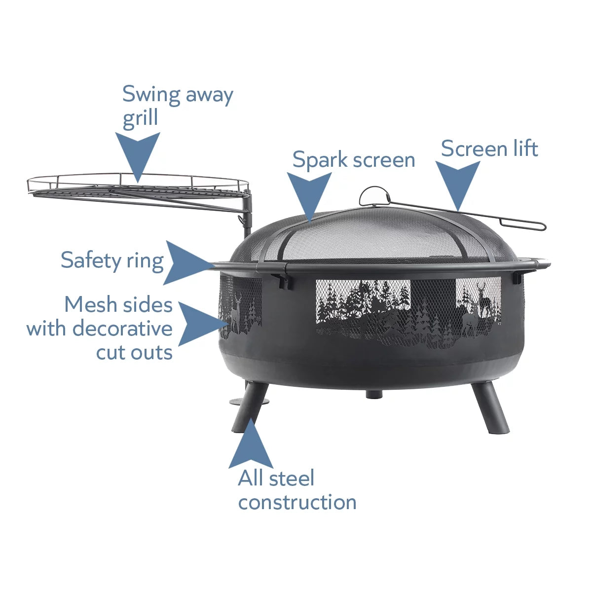 36" Round Fire Barrel with Grill, Screen, and Lift, Black F880