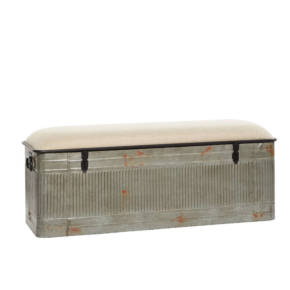 Gray Metal Storage Bench with Cream Burlap Top A4680