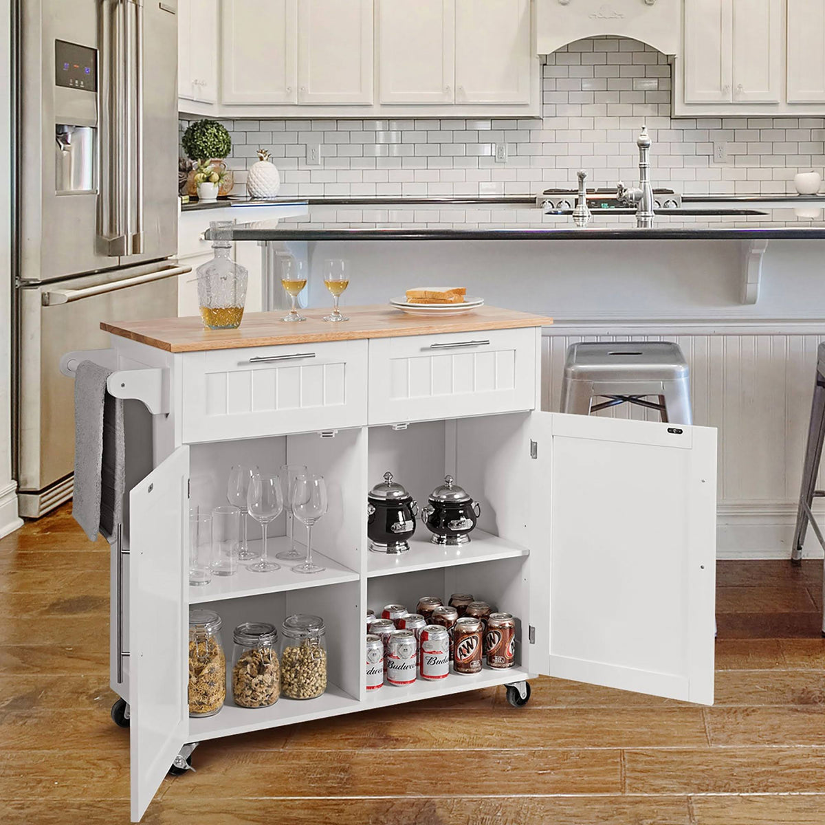 White Wood Rolling Kitchen Cart H229