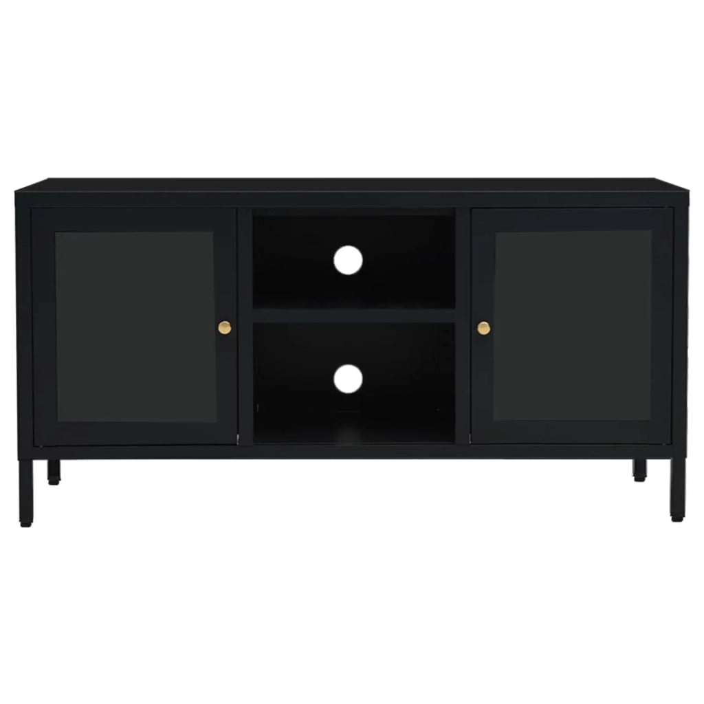 Black TV Stand with 2 Glass Doors and Open Shelves F46596
