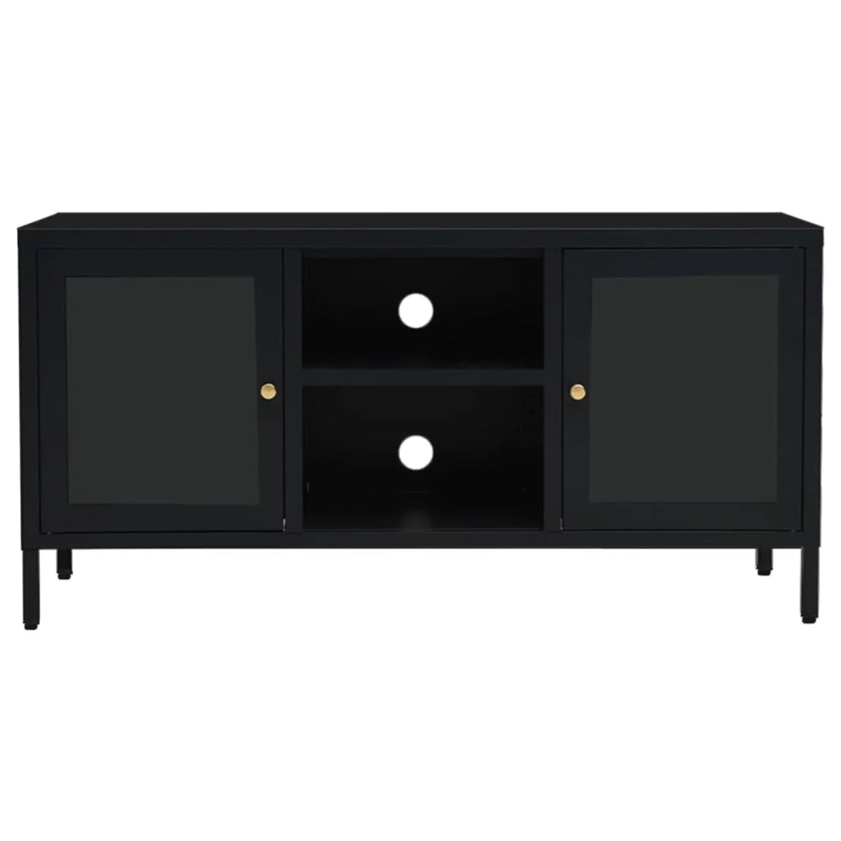 Black TV Stand with 2 Glass Doors and Open Shelves F46596