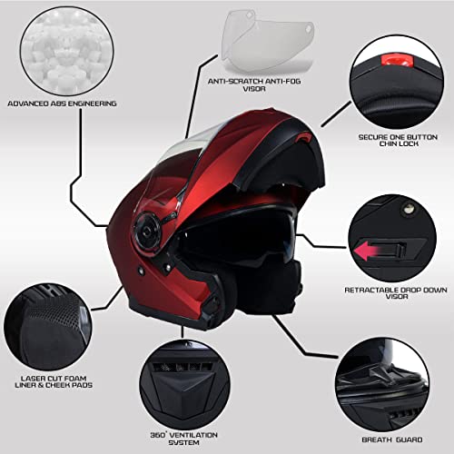 Red Advanced Motorcycle Modular Helmet with Drop Down Visor - Large T39562
