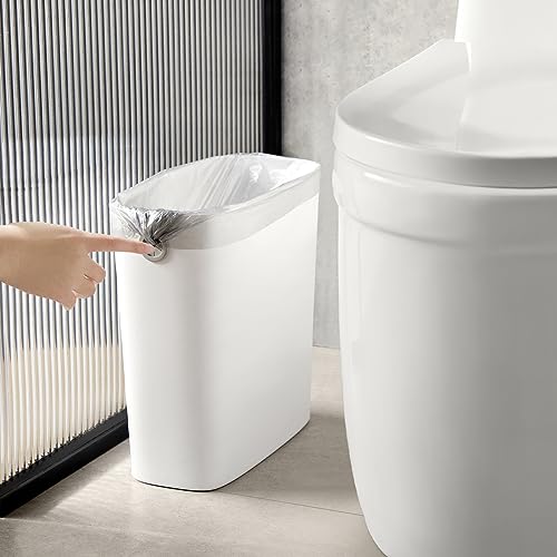 White 1.8 Gallon Slim Plastic Rectangular Trash Can with Trash Liner Holder O9214