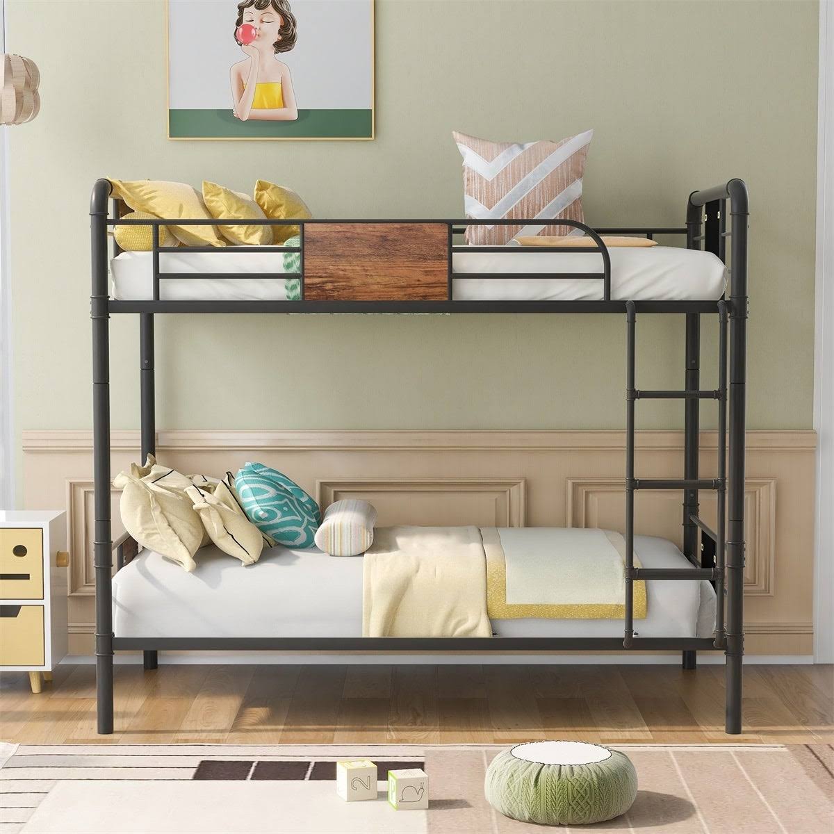 Black Metal and Wood Twin Over Twin Bunk Bed V714197