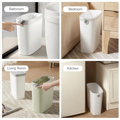 White 1.8 Gallon Slim Plastic Rectangular Trash Can with Trash Liner Holder O9214