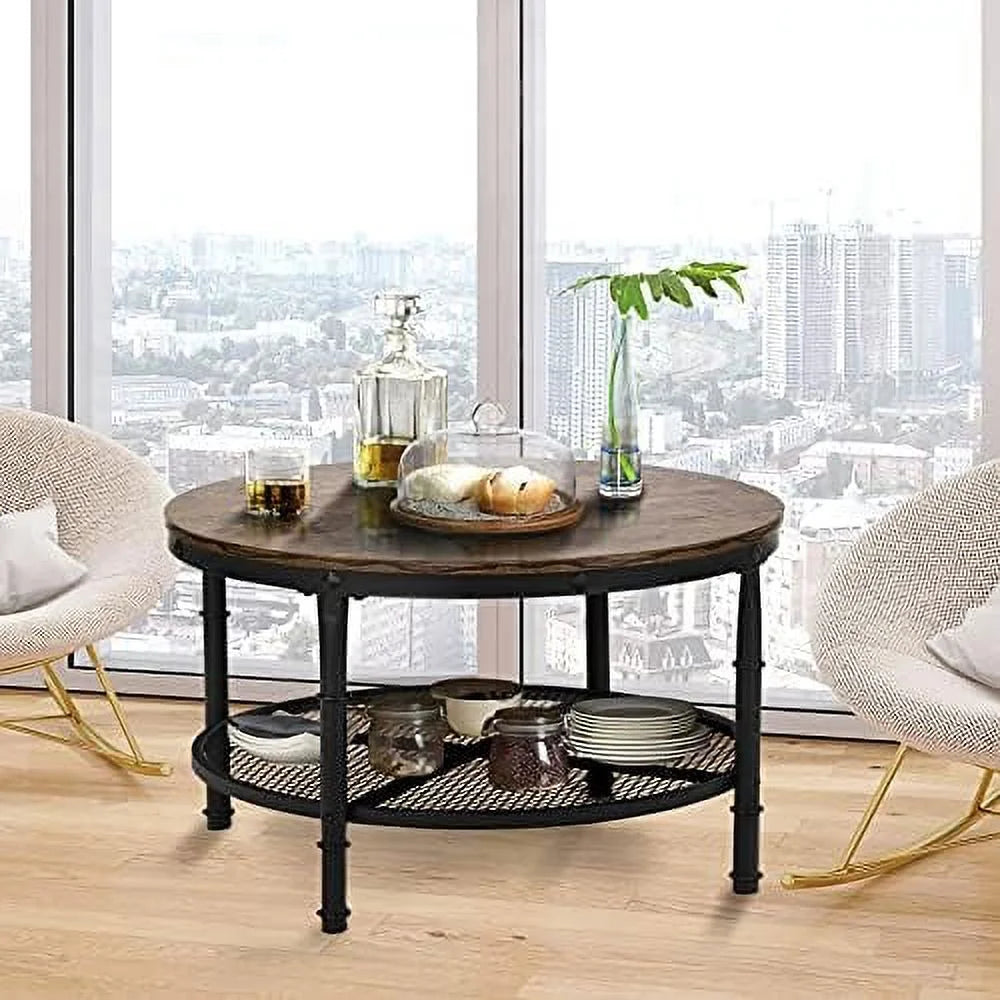Small Round Coffee Table with Wood Top Metal Legs 2-Tier Grey V351