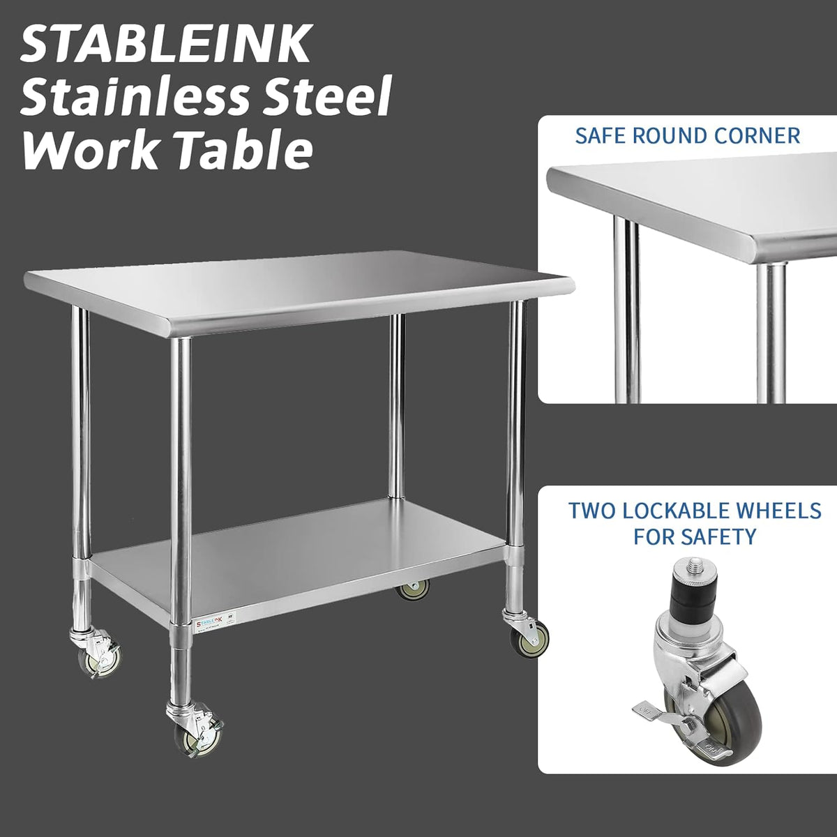 Stainless Steel Table with 4 Caster Wheels and Adjustable Undershelf D86126