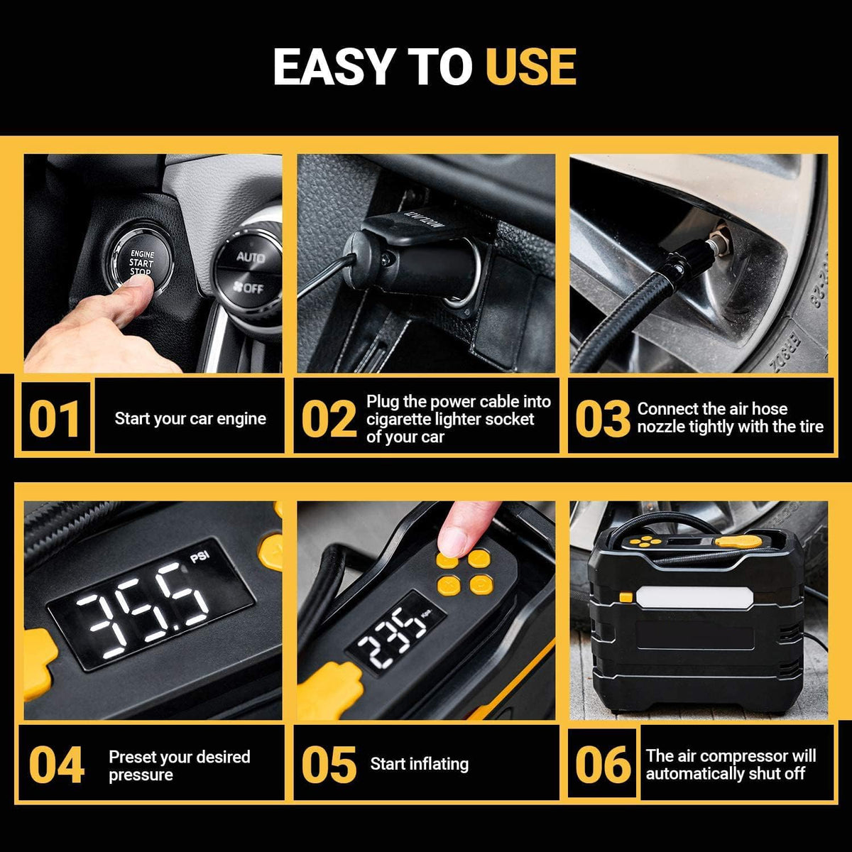 Yellow 2Pcs Portable Car Tire Inflator Air Compressor O416976