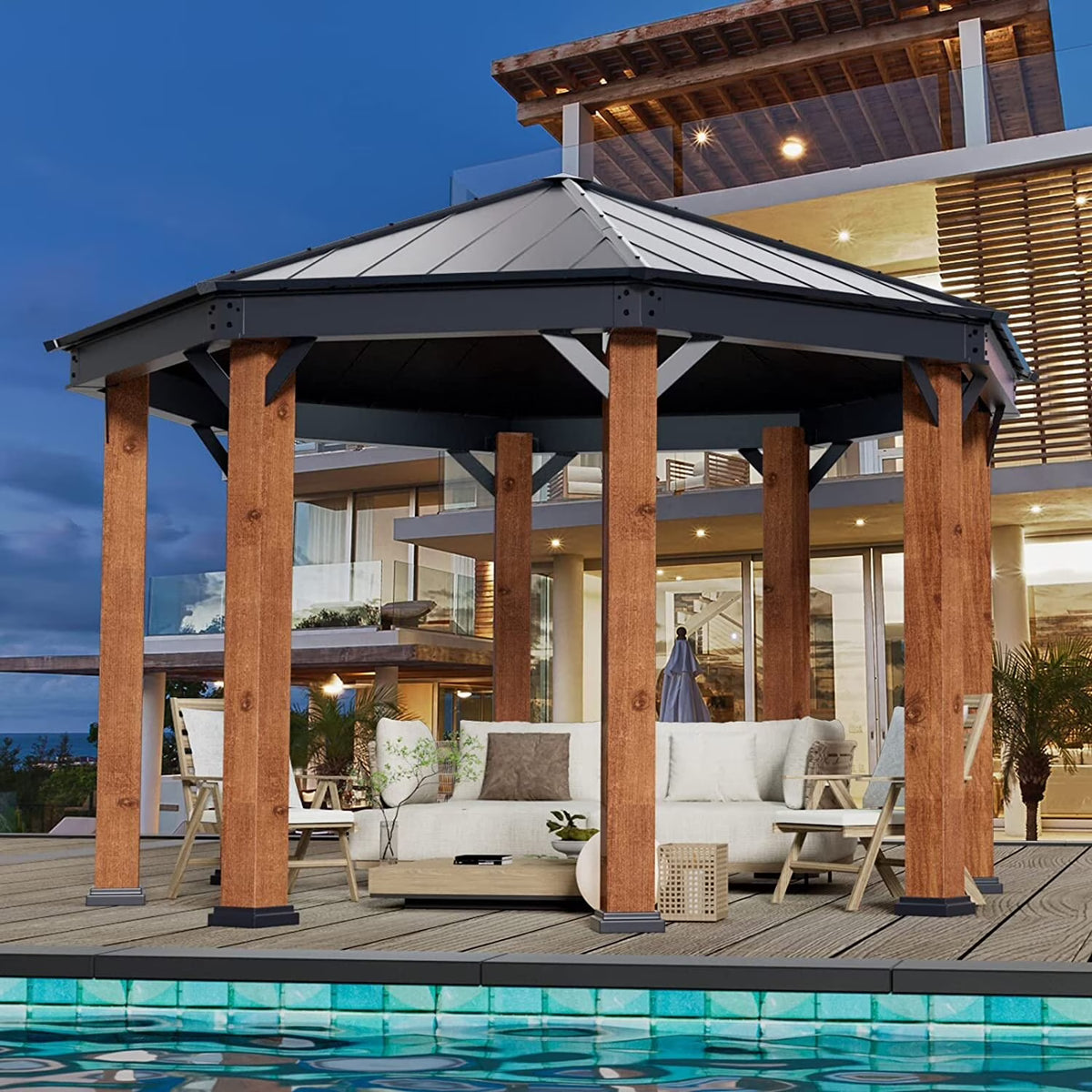 Outdoor Galvanized Steel Roof Gazebo Pergola with Privacy Curtains and Nettings B522771