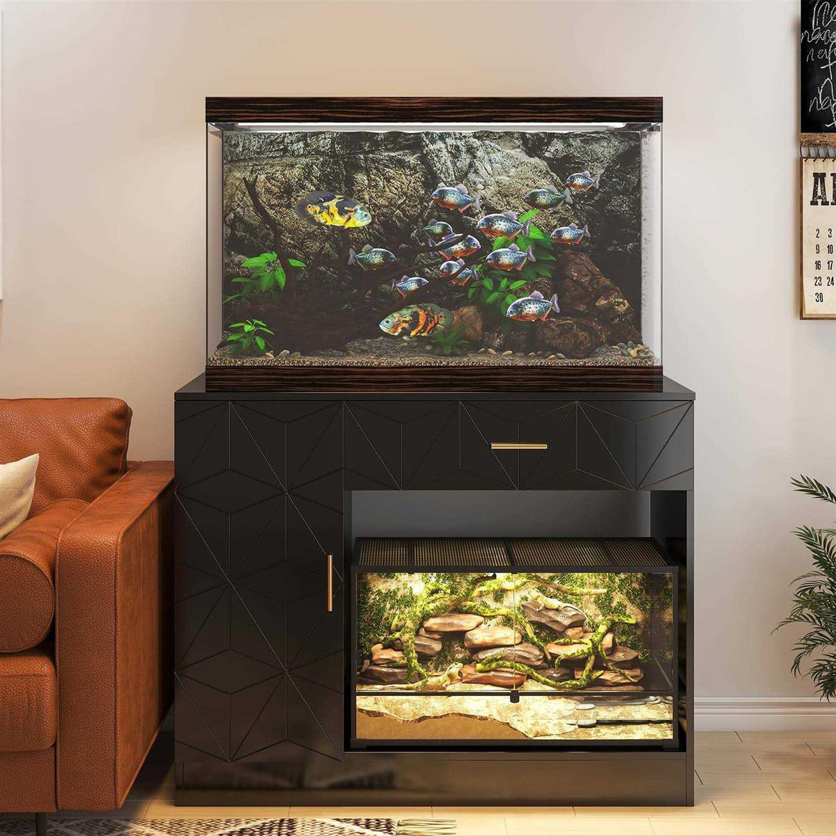 Black Aquarium Stand with Drawer and Cabinet I89109
