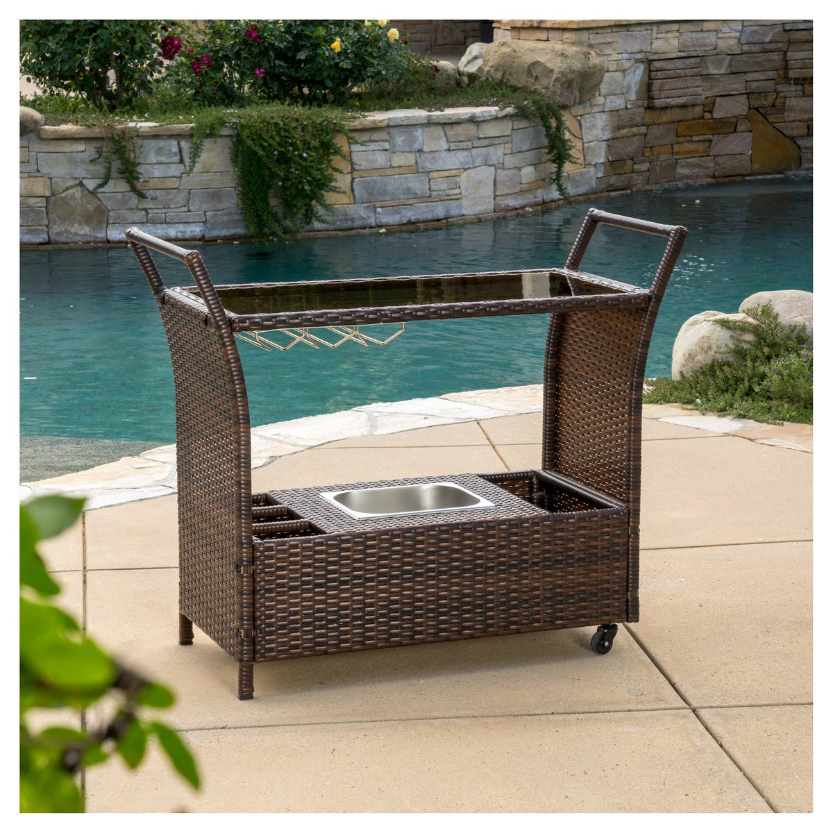 Brown Wicker Bar Cart D58419