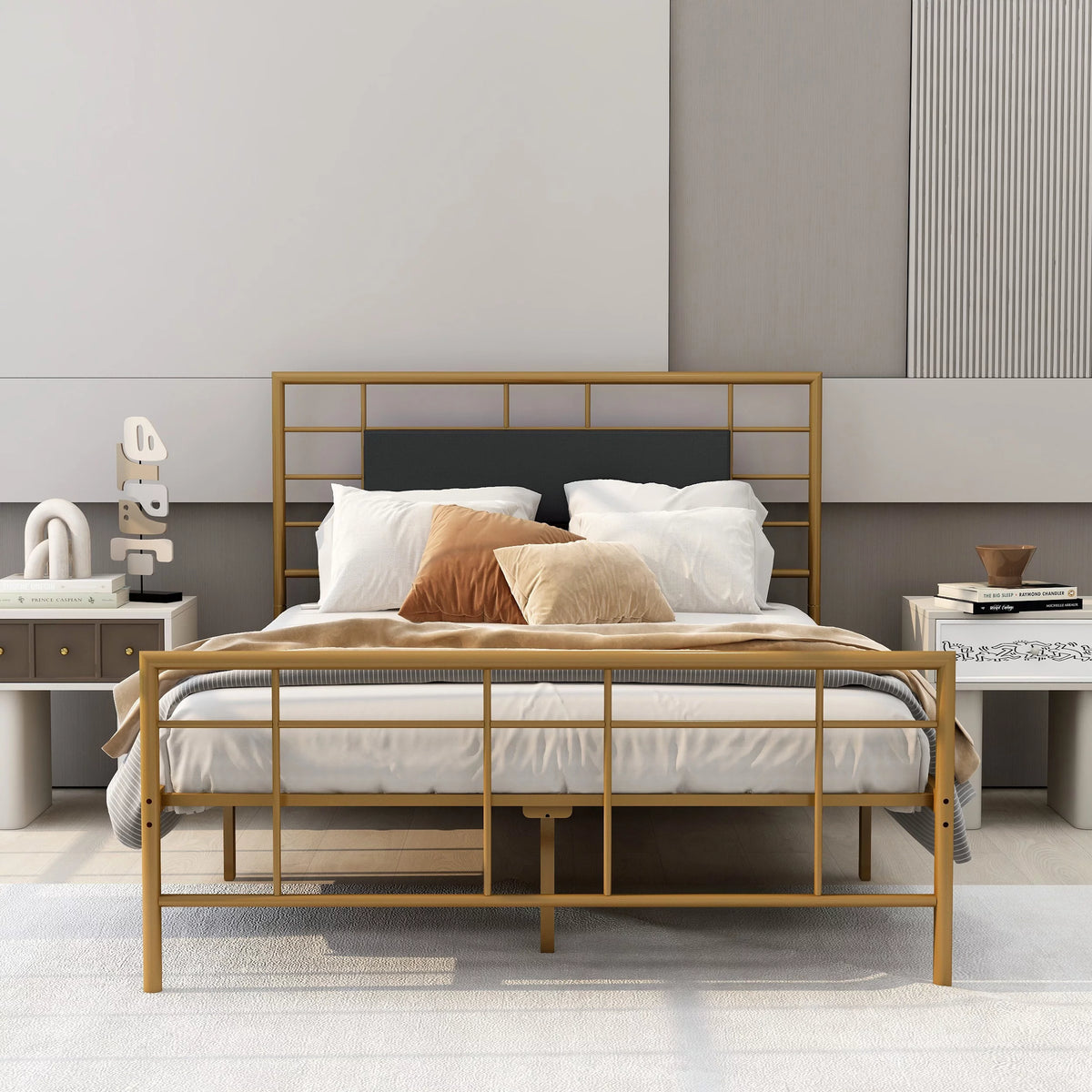Queen Size Black Metal Platform Bed Frame with Leather Upholstered Headboard H82714