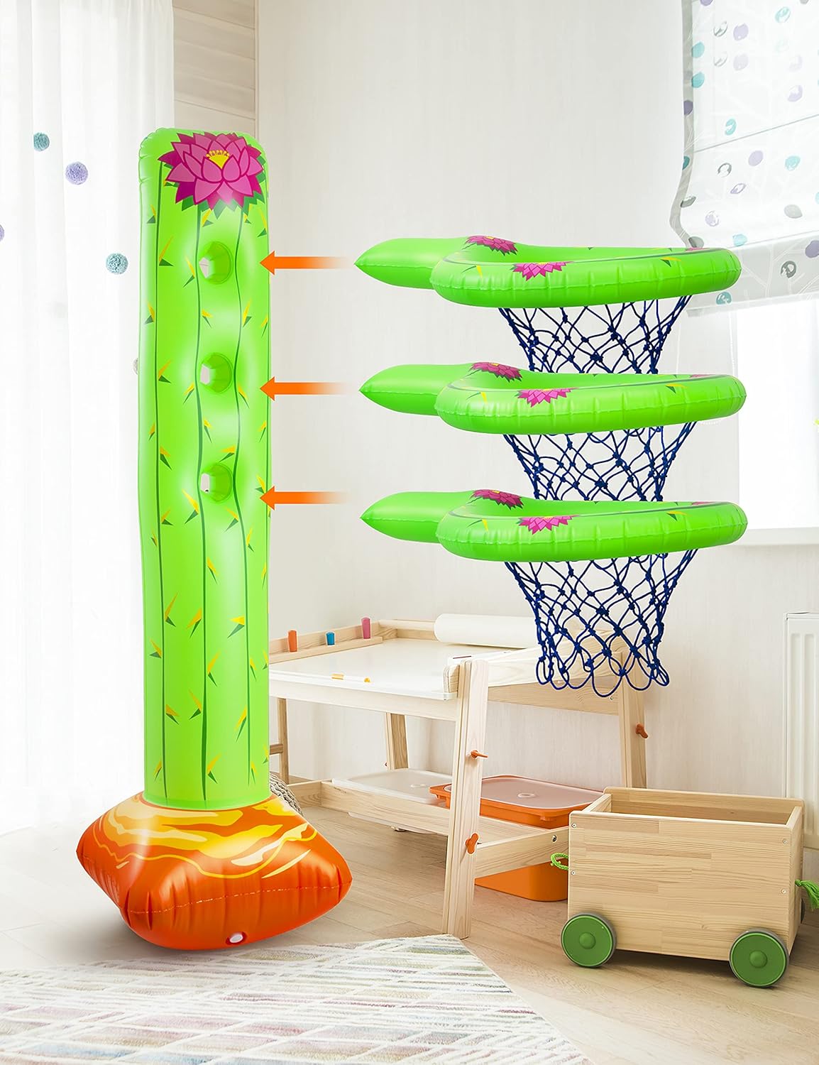 Inflatable Cactus Basketball Set with 2 Balls, Height-Adjustable Basket 3ft – 5ft J567642