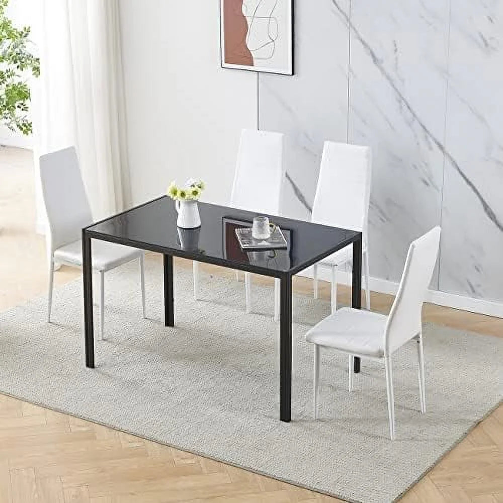 Grey Tempered Glass Dining Table Set with 2 White Faux Leather Chairs M429624