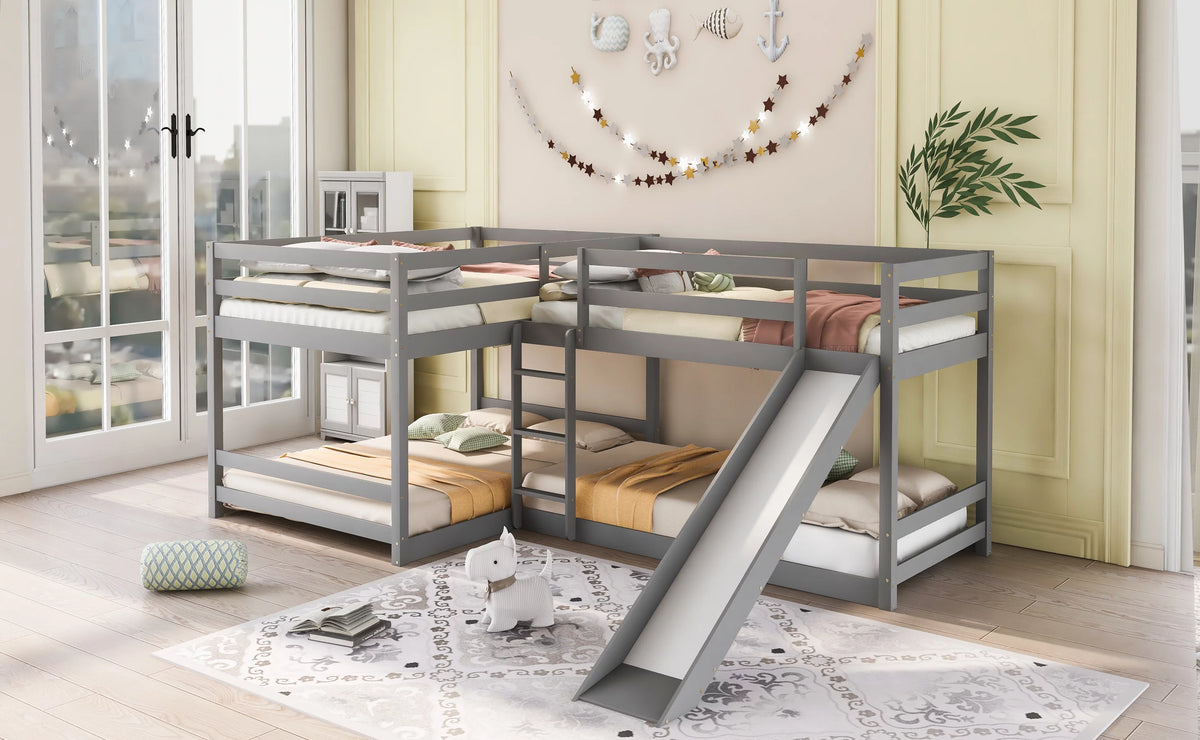 Full and Twin Size L-Shaped Bunk Bed with Slide and Short Ladder L1114