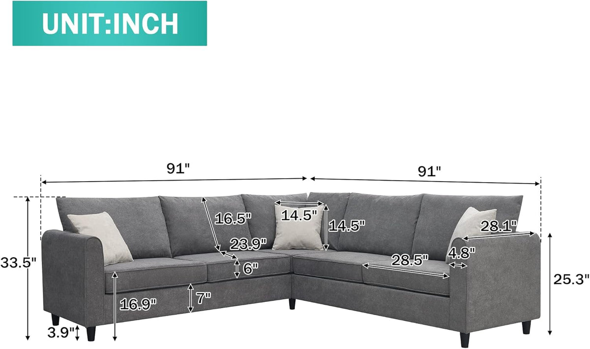 Grey Upholstered L Shape Sectional Sofa with 3 Pillows M439
