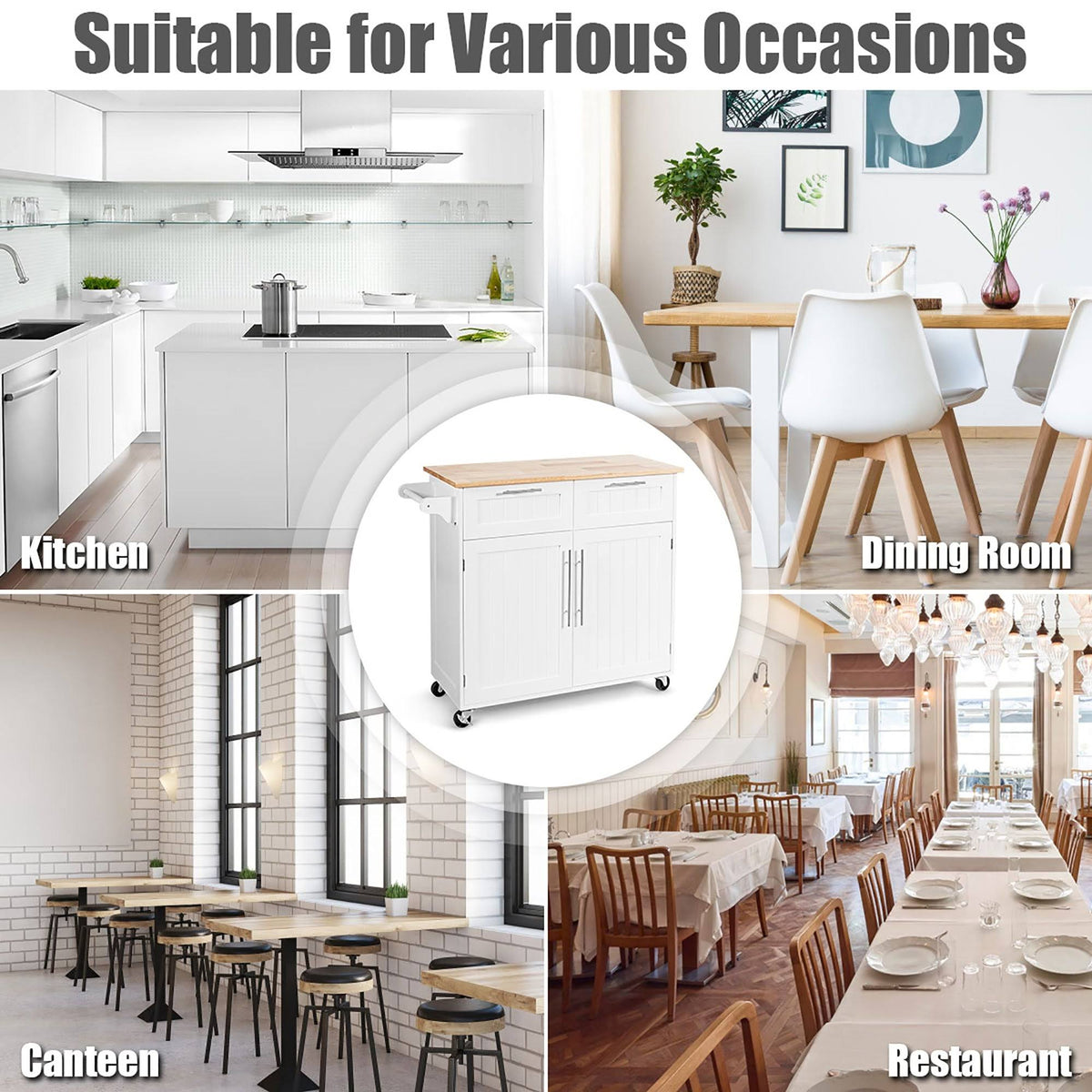 White Wood Rolling Kitchen Cart H229
