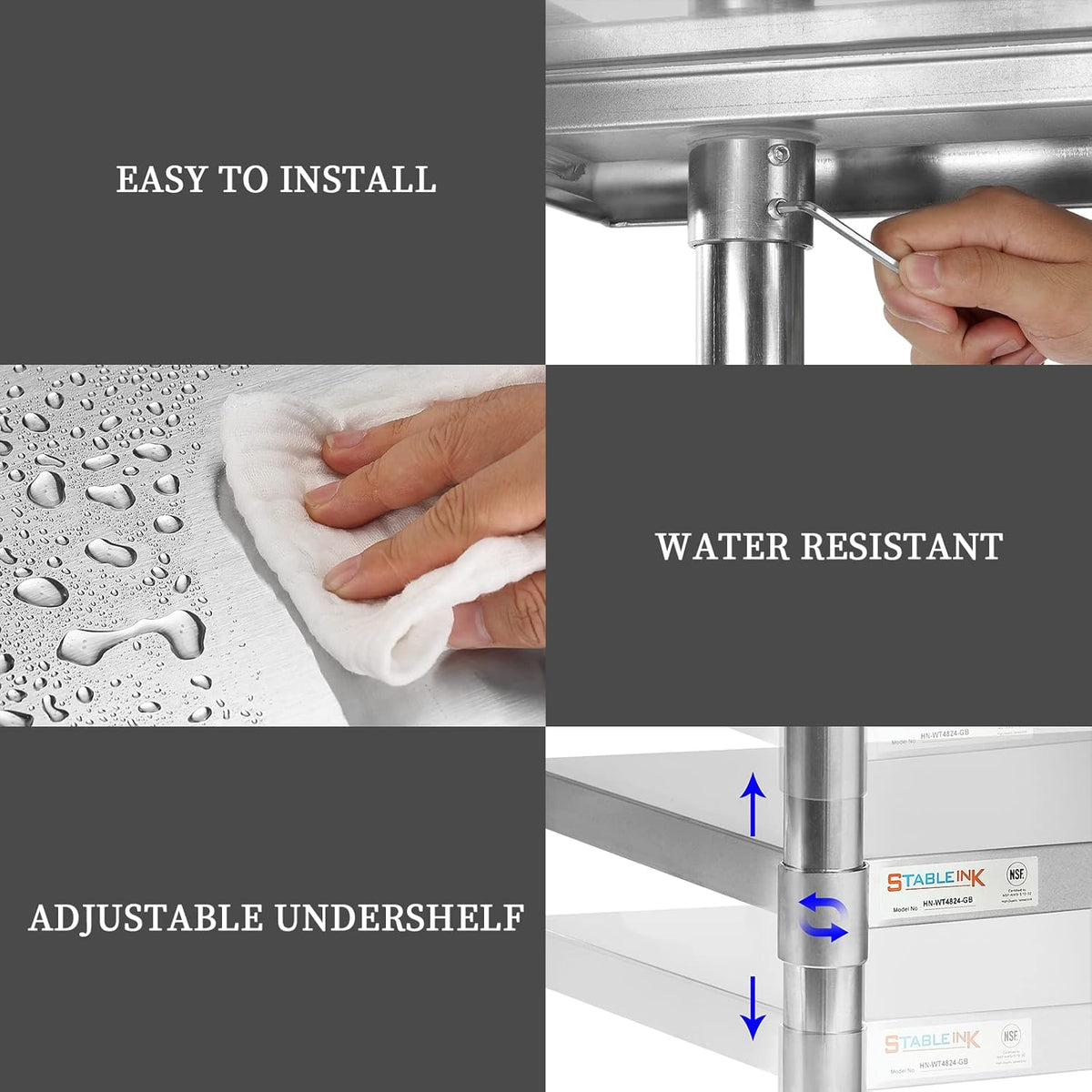 Stainless Steel Table with 4 Caster Wheels and Adjustable Undershelf D86126