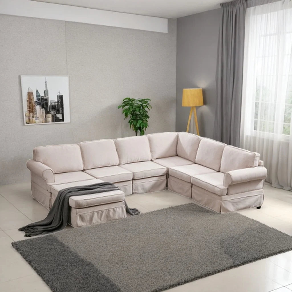 Beige Fabric Upholstered Modular Sectional Sofa with Ottoman D162