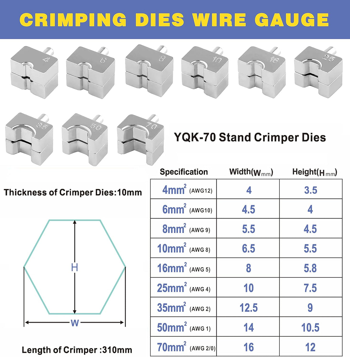Hydraulic Battery Cable Lug Crimping Tool, AWG 12-2/0, 9 Pairs of Dies J3578