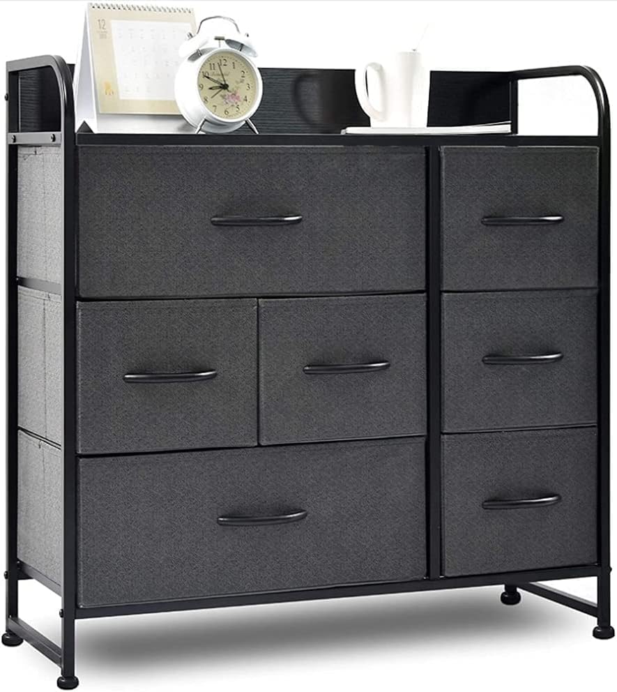 Black 7 Drawer Fabric Dresser with Wood Top F184384