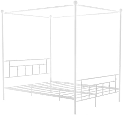 Queen Size Metal Canopy Bed with Headboard, White A8205