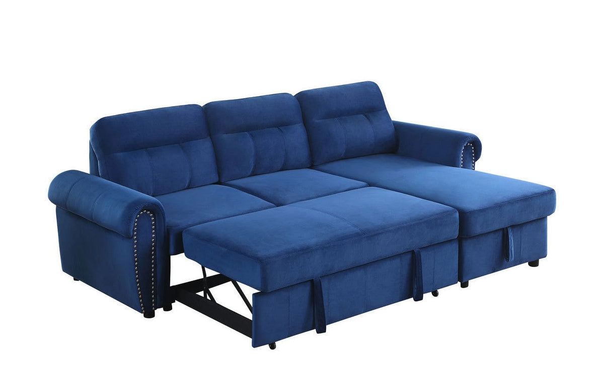 Blue Velvet Reversible Sleeper Sectional Sofa Chaise F999433