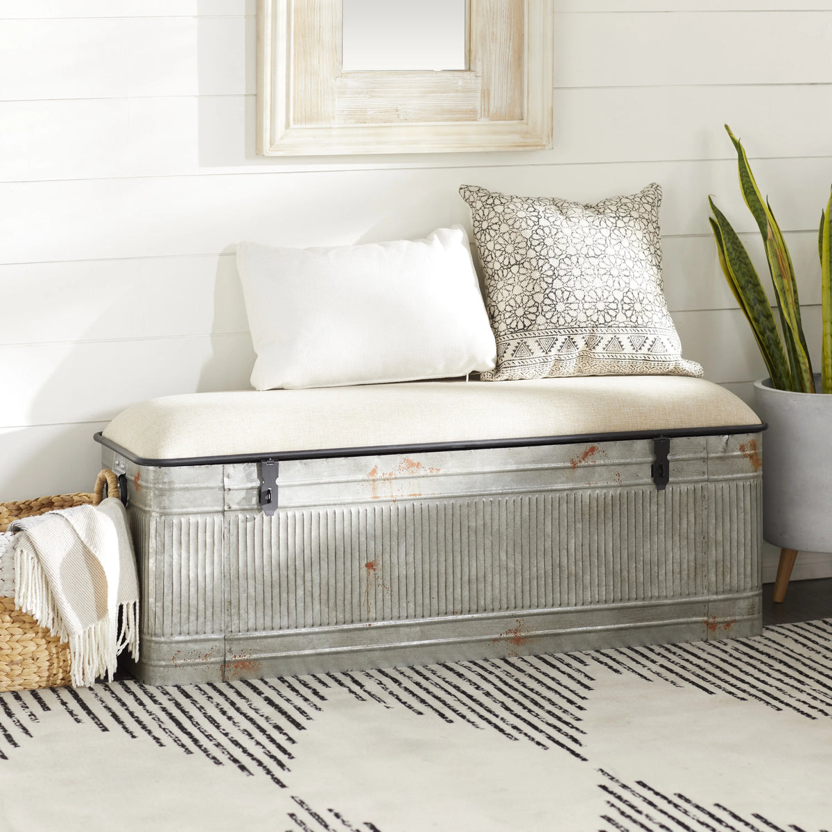 Gray Metal Storage Bench with Cream Burlap Top A4680