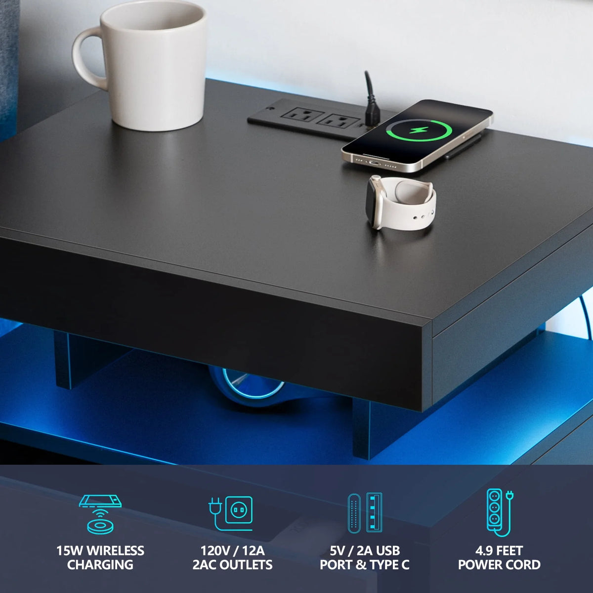 Black 2 Drawer LED Nightstand with Charging Station Q81673