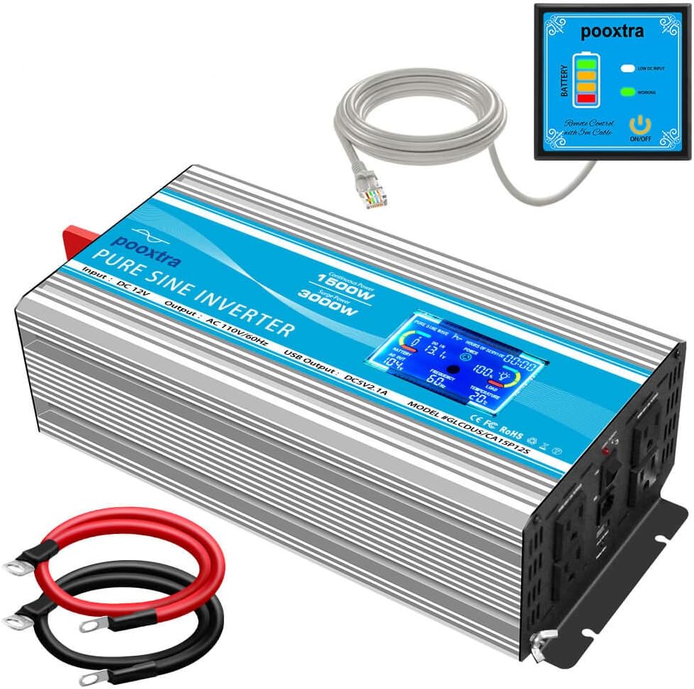 1500 Watt Pure Sine Wave Power Inverter 12V DC to 110V AC with LCD Display USB Port 4 AC Outlets E7674