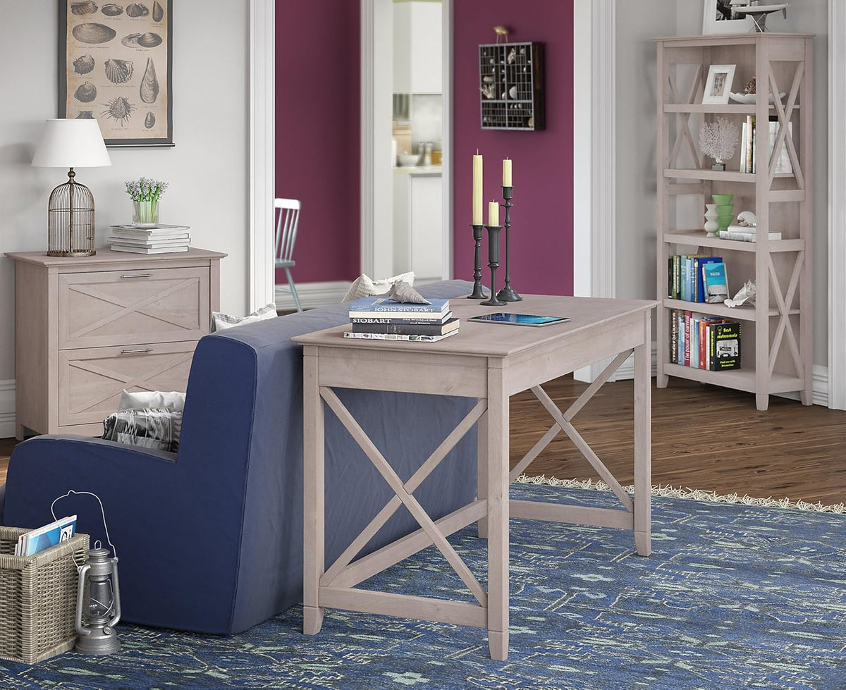 54W Computer Desk with 2 Drawer Lateral File Cabinet and 5 Shelf Bookcase, Pure White Oak F68079