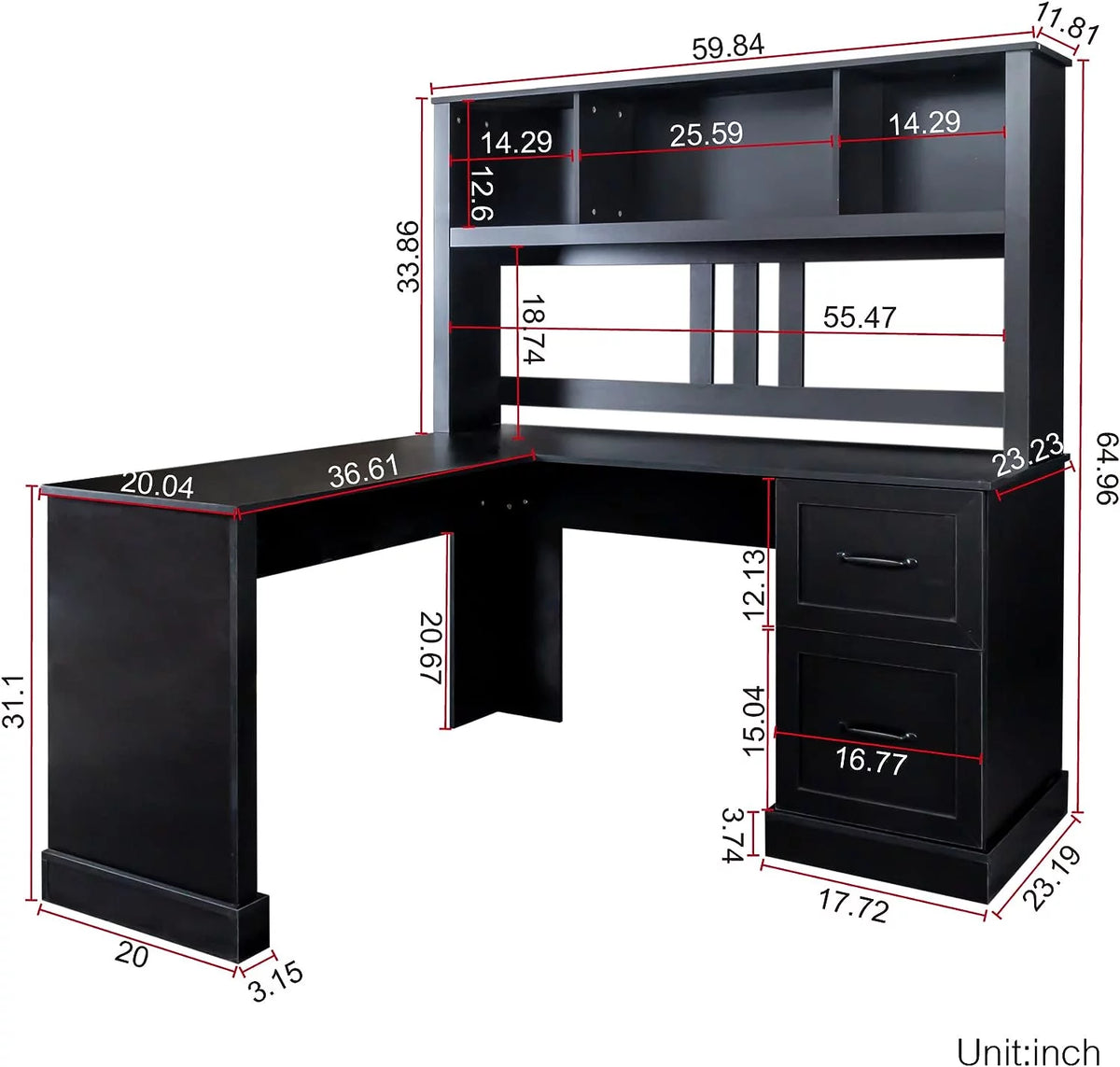 Antiqued Black Wood Study Table with Bookshelf E9520
