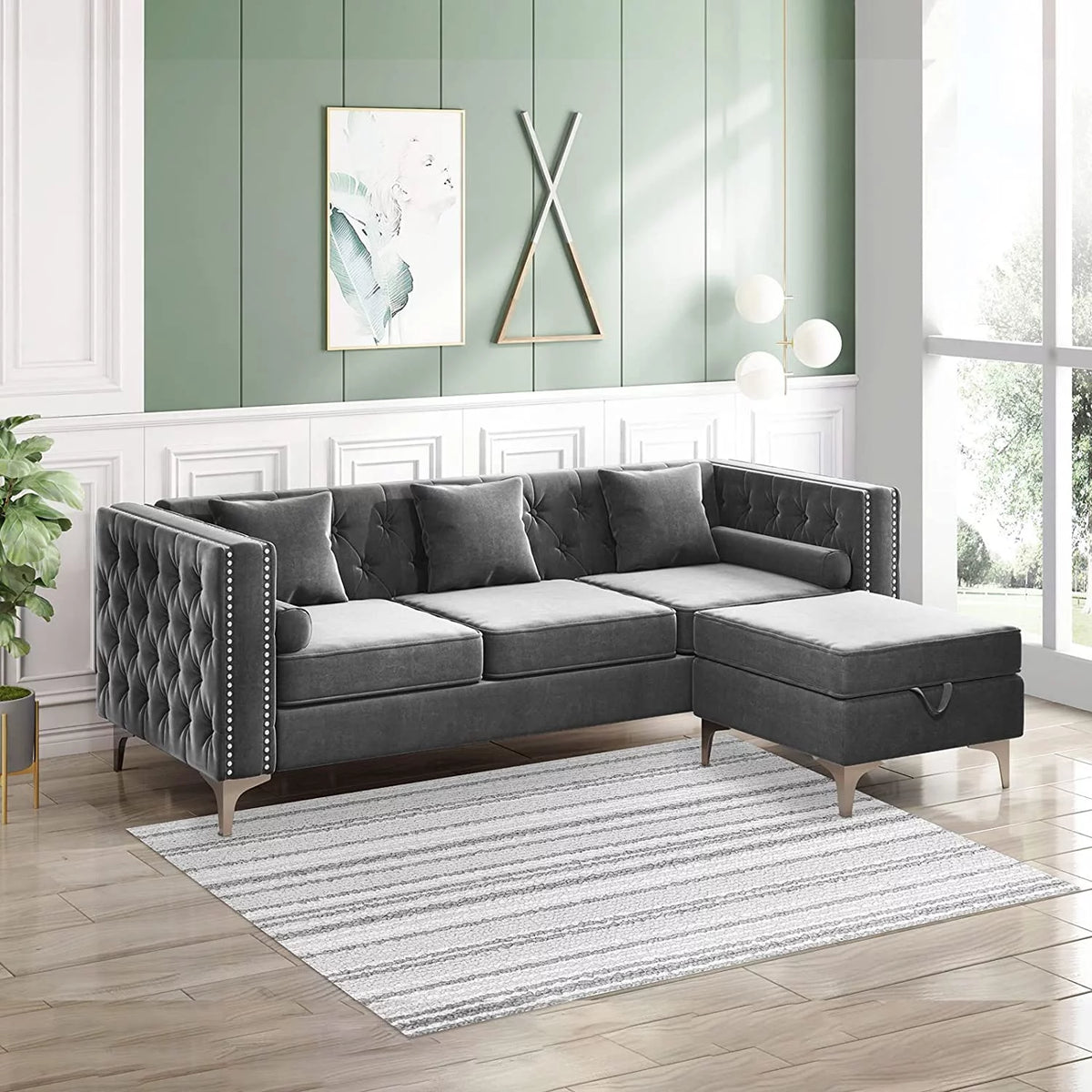 Velvet Grey L-Shaped Sectional Sofa with Chaise I710